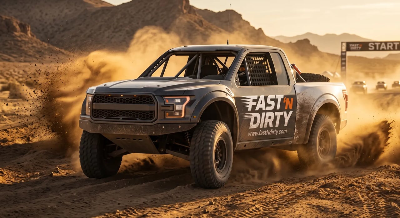 Fast 'N Dirty trophy truck throwing dust across the desert course